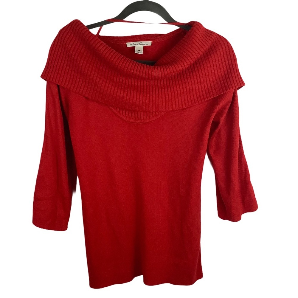 Kenneth Cole Sweater Women Red XS Wool Blend Off Shoulder New York Button Sleeve